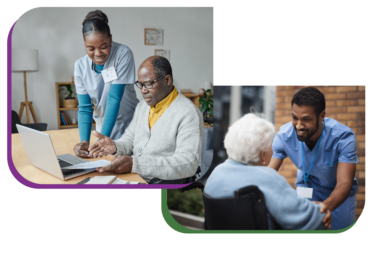 Betterdays Healthcare A healthcare provider assists an elderly patient at a desk with paperwork, while another professional warmly greets a senior with a handshake in a healthcare or assisted living setting.